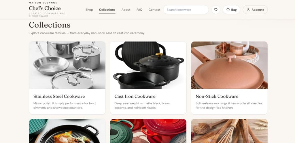 Collections page — cookware families and category imagery