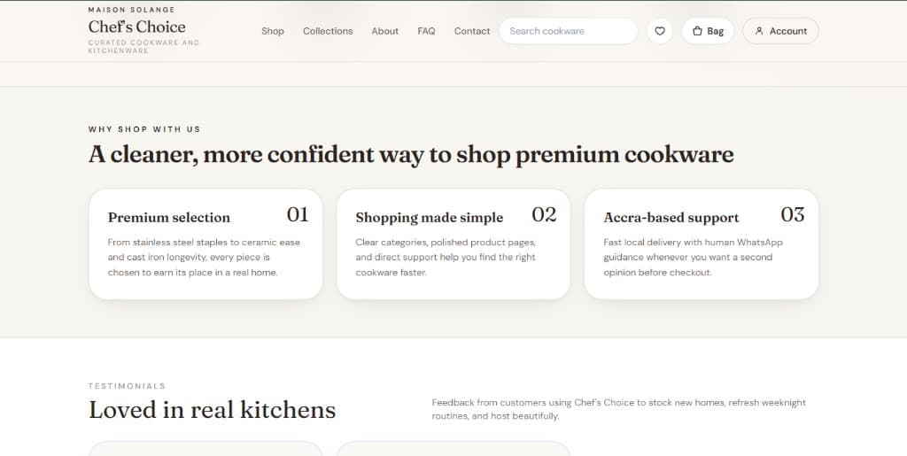 Why shop with us — premium selection, simple shopping, Accra support