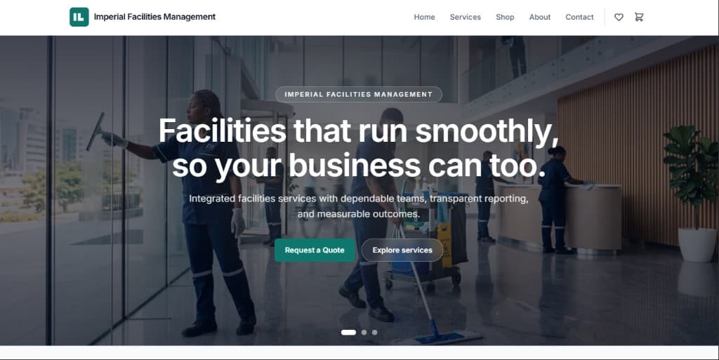 Homepage hero — facilities team, headline, and primary calls to action