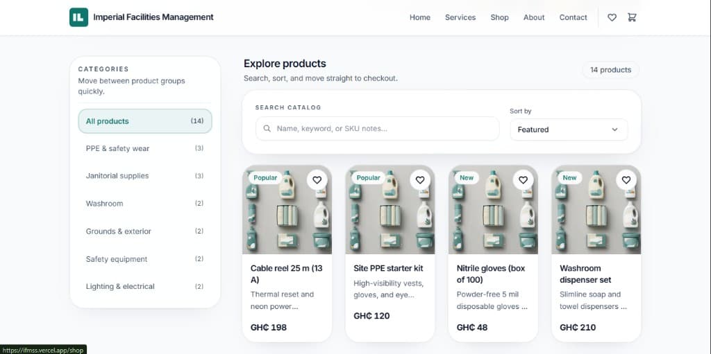 Shop catalog — categories, search, and product grid